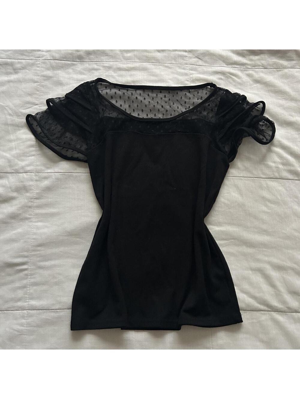 MA*RS Black Sheer Polka Dot Mesh Blouse Ruffle Cap Sleeve Sweetheart S Japan